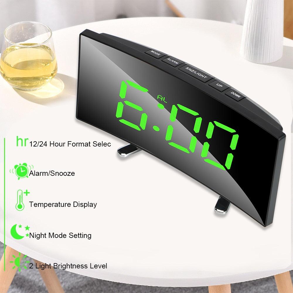 Digital Table Clock Digital Alarm Clock LED Bedside Clock Dual Alarm Adjustable Volume Alarm Clock for Bedroom  Electronic 7 Inch Number Desktop Alarm Clocks For Kids Bedroom LED Screen Curved Dimmable Mirror Stevvex