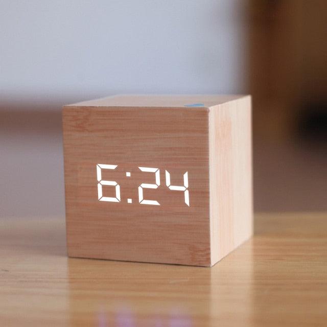 Digital Wooden LED Alarm Clock Wood Retro Glow Clock Digital Alarm Clock, with Wooden Electronic LED Time Display 3 Dual Plus Alarm Cubic Small Mini Wood Made Electric Clocks for Desktop Table Decor Voice Control Snooze Function Desk Tools Stevvex