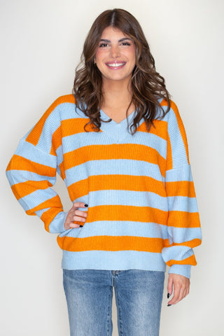 Striped V-Neck Sweater - By Baano