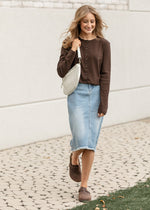 Drew Raw Hem Midi Denim Skirt