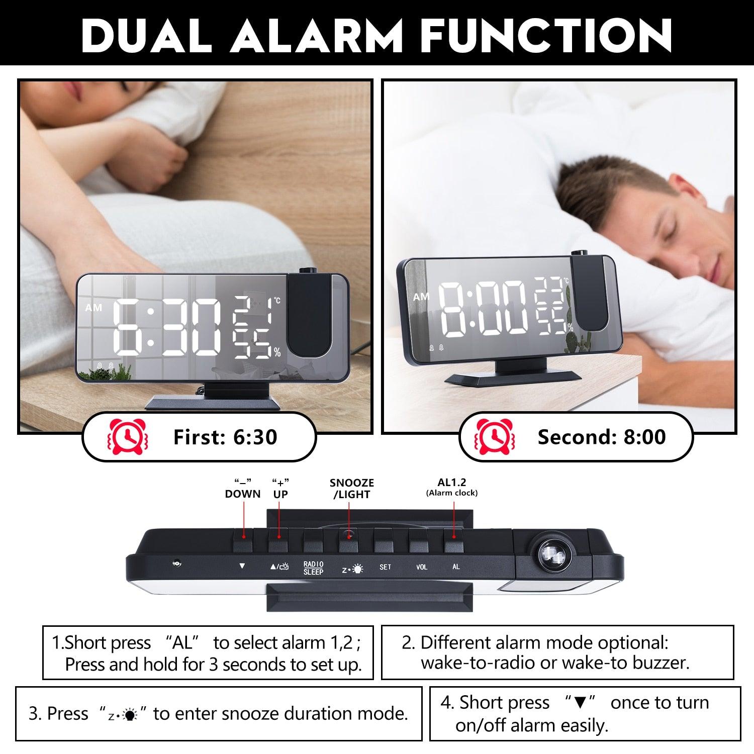 Dual Loud Smart Alarm Clock Projection for Bedroom Radio Digital Alarm Clock Projection Digital Alarm Clock for Bedrooms Radio Alarm Clock with Projection on Ceiling Dual Alarms with USB Charger Large Mirror LED Display Stevvex