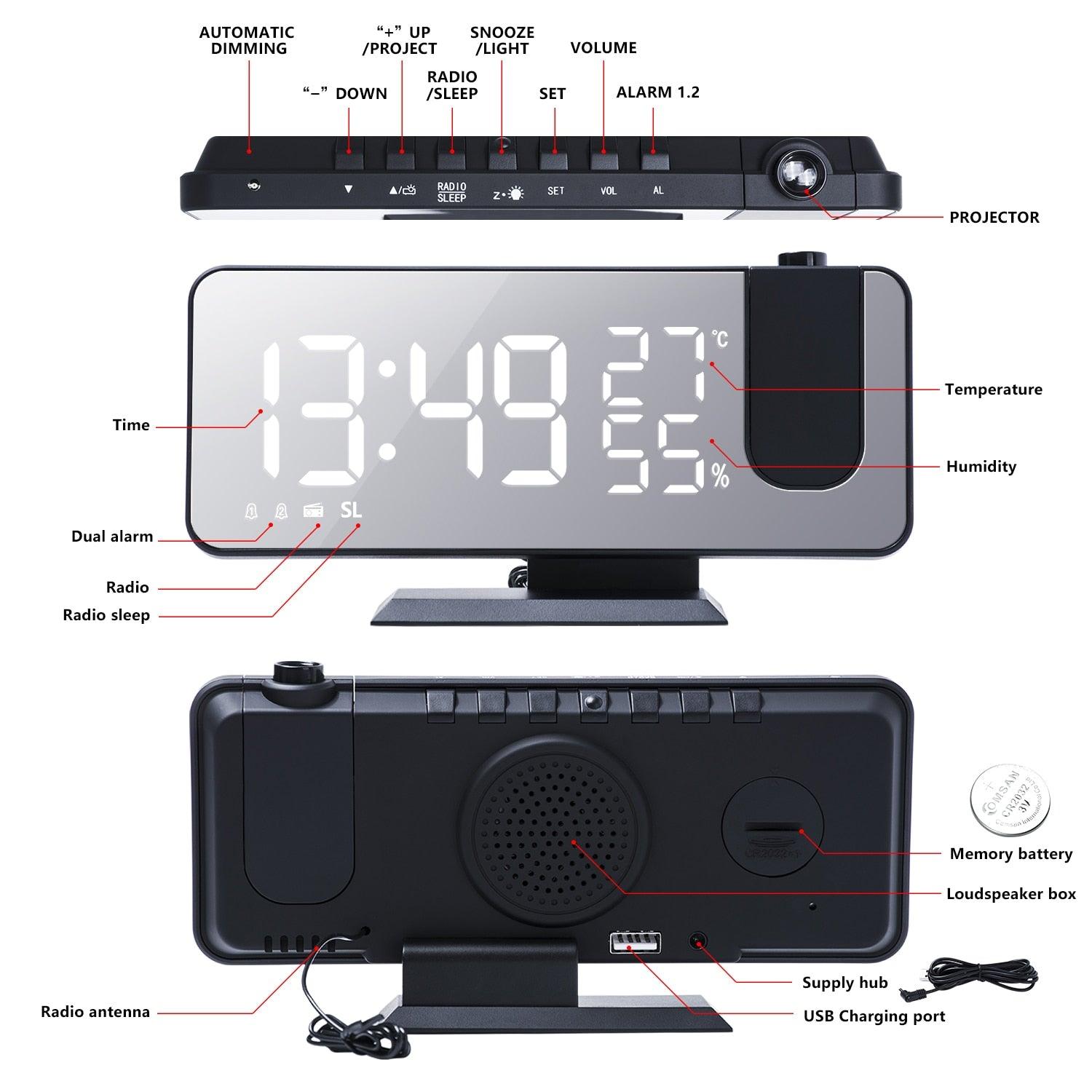 Dual Loud Smart Alarm Clock Projection for Bedroom Radio Digital Alarm Clock Projection Digital Alarm Clock for Bedrooms Radio Alarm Clock with Projection on Ceiling Dual Alarms with USB Charger Large Mirror LED Display Stevvex