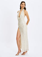 Niamh Golden Beaded Cowl Halter Backless Maxi Dress Miss Circle