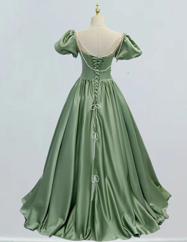 Women's Elegant Green Satin Prom Dress | Scoop Neck Short Sleeve Evening Gown