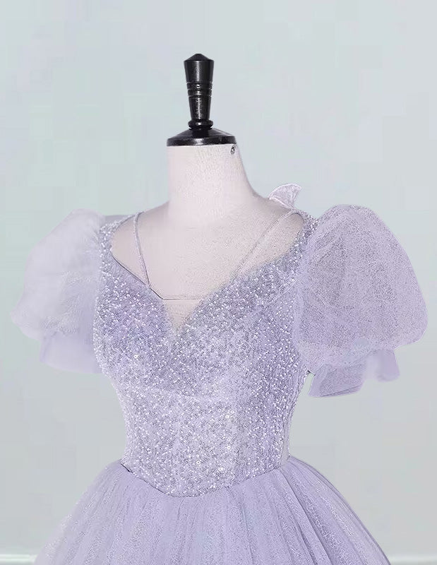 Girls' Elegant Lavender Sequin Tulle V-Neck Prom Gown | Formal Evening Dress