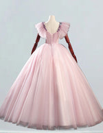Pink v neck prom dress ball gown,sleeve long graduate party dress,Colorful lace applique tulle pageant dress