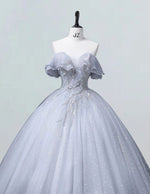 Silver off the shoulder long prom dress ball gown beaded lace fluffy princess party dress long wedding dress