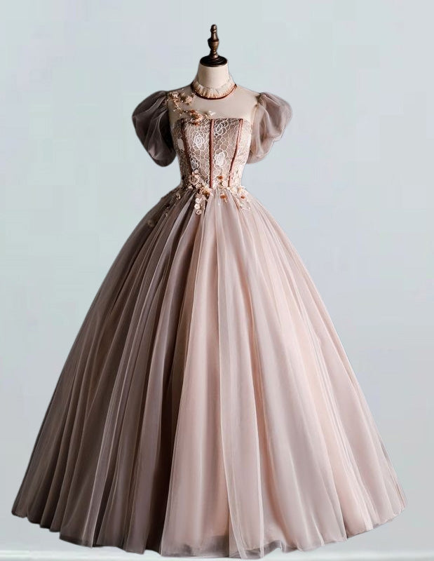 Coffee color collar elegant ball gown A-line wedding dress beaded long prom dress gown