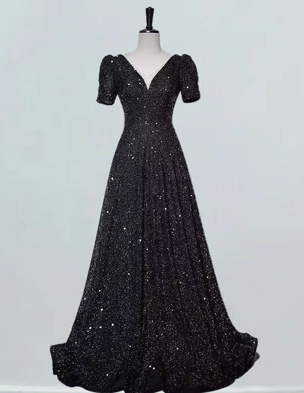 Women's Velvet Sequined V-Neck Prom Dress | Elegant Evening Gown with Sleeves