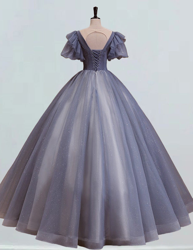 Blue scoop gold lace beaded long short sleeve ball gown prom dress