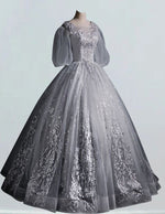 V-Neck Beaded Evening Ball Gown | Princess Prom Dress with Sleeves