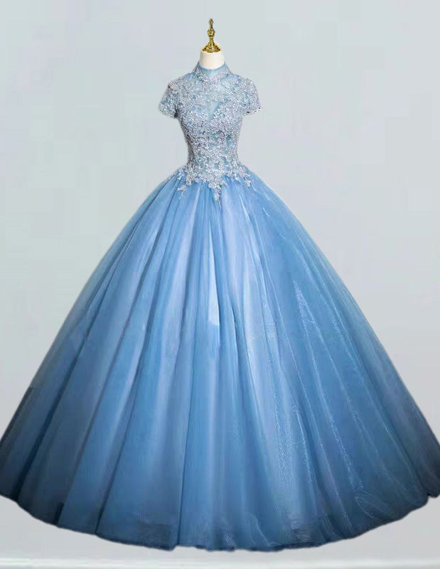 Women's Elegant Blue Tulle Lace Applique Ball Gown | Prom & Bridesmaid Dress