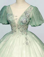Green v neck short sleeve lace beaded long prom dress ball gown
