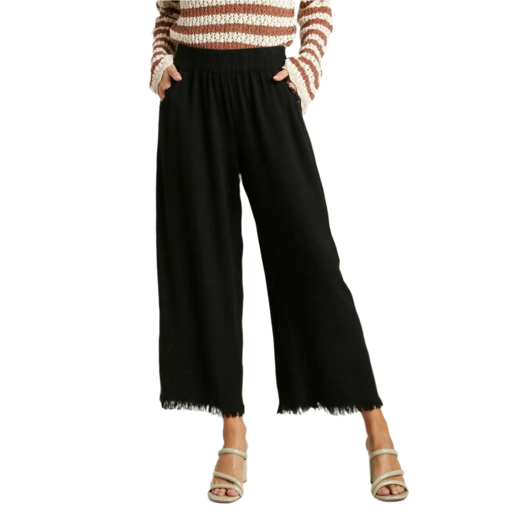 Black Linen Blend Elastic Waistband Wide Leg Pants