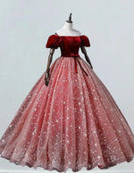 Girls' Burgundy Velvet Off-Shoulder Ball Gown | Sparkle Tulle Prom Dress