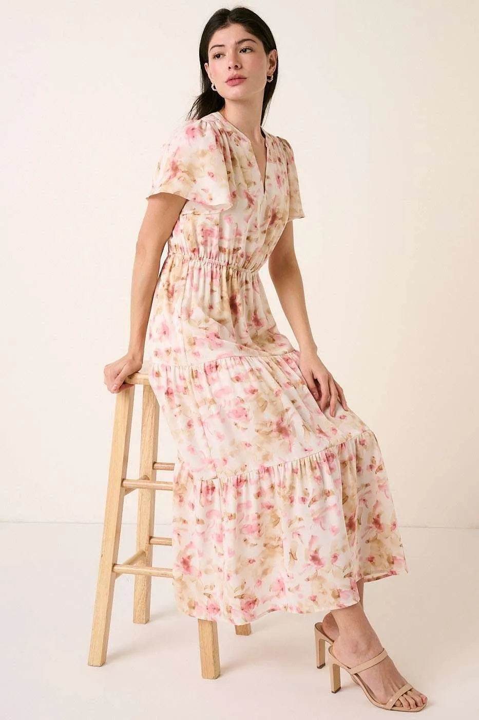 Mittoshop Flower Print Flutter Sleeve V Slit Maxi Dress - By Baano