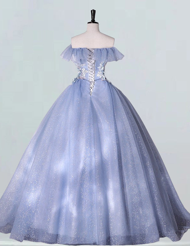 Grayish blue off the shoulder lace applique sparkle long tulle ball gown
