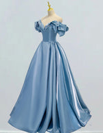 Elegant Satin Off-Shoulder V-Neck Prom Dress | Evening Ball Gown with Sleeves