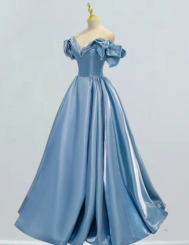 Elegant Satin Off-Shoulder V-Neck Prom Dress | Evening Ball Gown with Sleeves