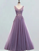 Women's Elegant V-Neck Tulle Prom Dress | Beaded Rhinestone Ball Gown