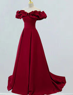 Burgundy Satin Off-Shoulder Prom Gown, Ruffle Ball Gown Dress for Girls, Elegant Evening Wear
