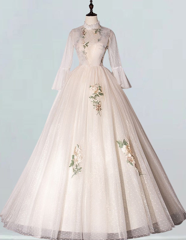 Elegant Tulle Ball Gown with Lace Applique | High Collar Evening Dress