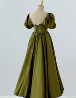 Women's Elegant Green Satin Prom Dress | Short Sleeve Evening Gown