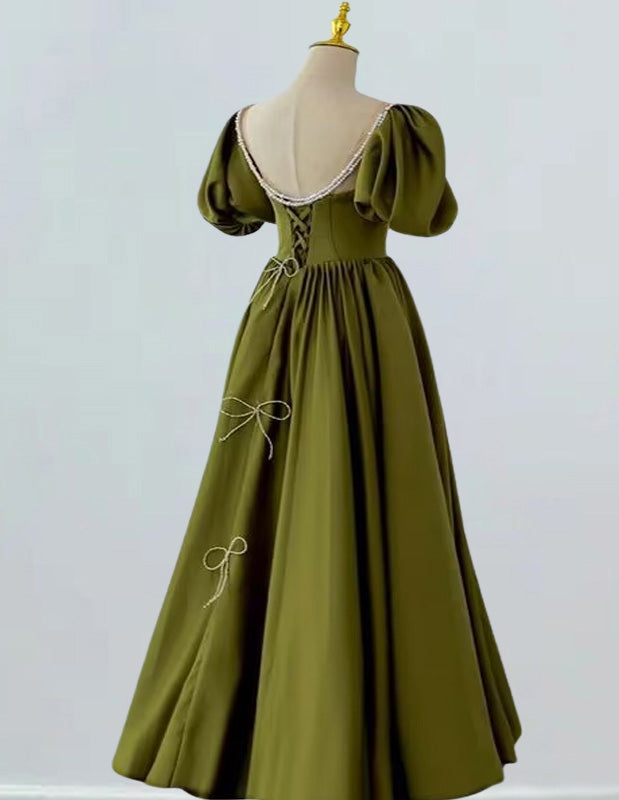 Women's Elegant Green Satin Prom Dress | Short Sleeve Evening Gown
