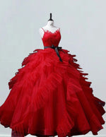 Red straps v neck ruffle pleated long tulle wedding dress gown beaded fluffy  long prom dress ball gown for women