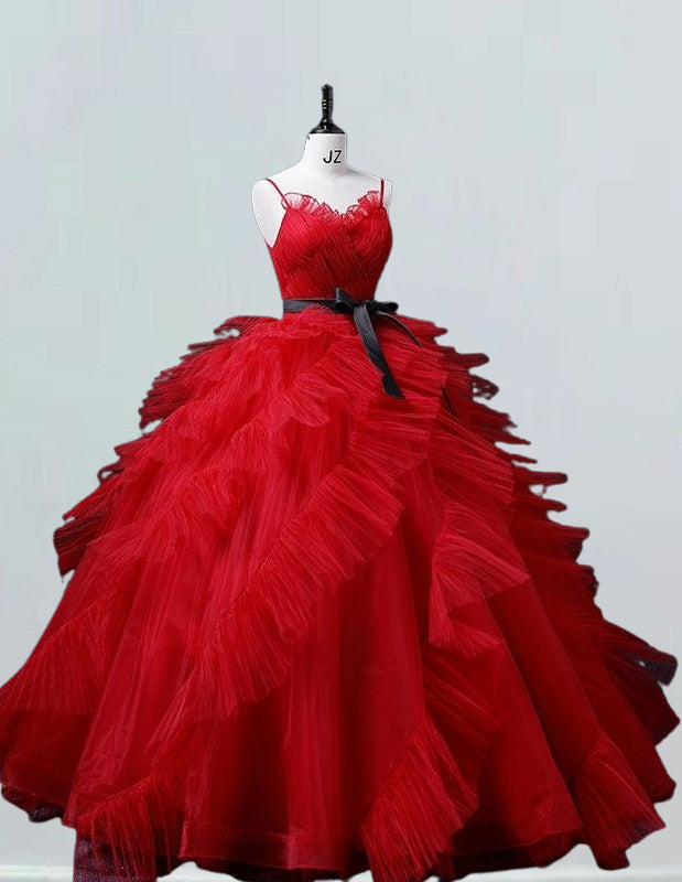 Red straps v neck ruffle pleated long tulle wedding dress gown beaded fluffy  long prom dress ball gown for women