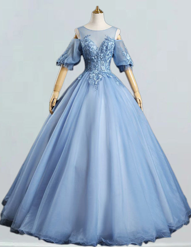 Girls' Elegant Blue Tulle Quinceanera Dress | Lace Applique Sleeves Ball Gown