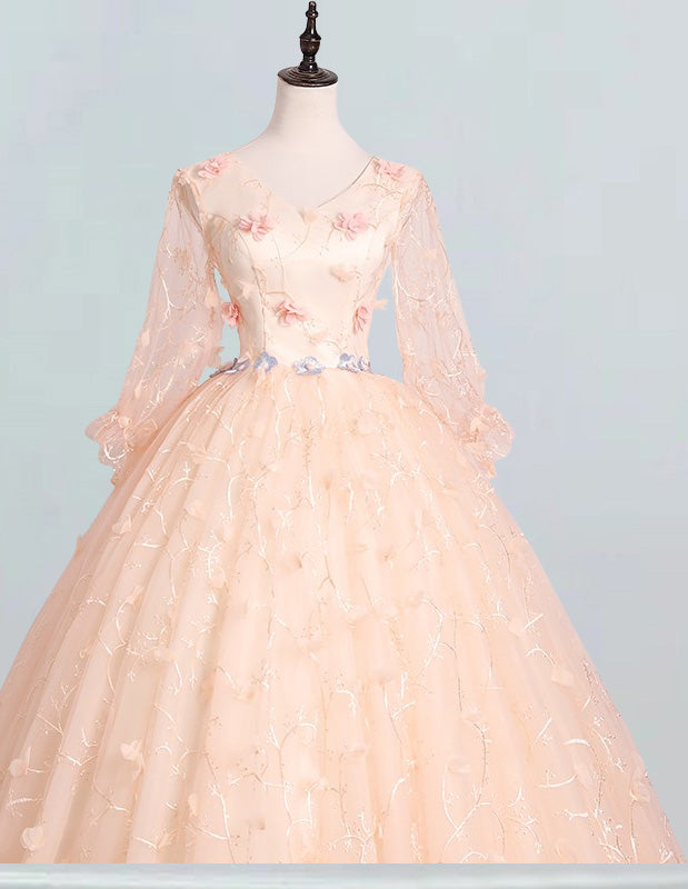 Women's Elegant V-Neck Lace Ball Gown with Long Sleeves - Formal Prom & Bridesmaid Dress