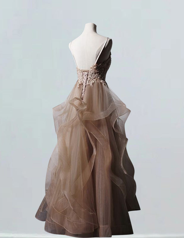 Women's V-Neck Lace Applique Ball Gown | Beaded Spaghetti Strap Prom Dress