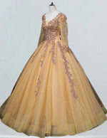 Gold v neck long sleeve lace applique floor length tulle ball gown wedding bridal dress