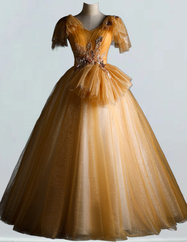 Elegant Gold V-Neck Tulle Prom & Evening Gown with Lace Applique