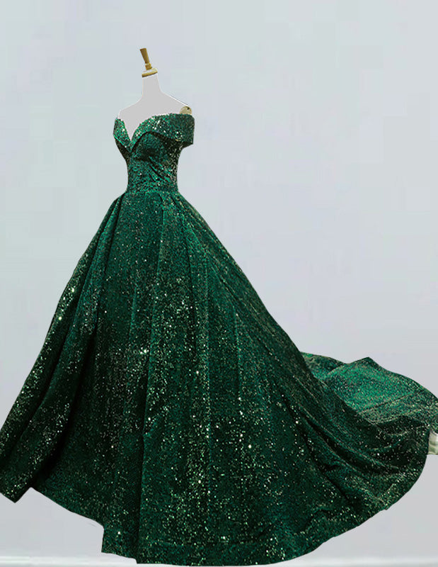 Dark green off the shoulder velvet sequin long train prom dress ball gown plus size wedding gown