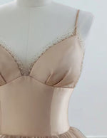 Champagne spaghetti strap beading long tulle prom dress