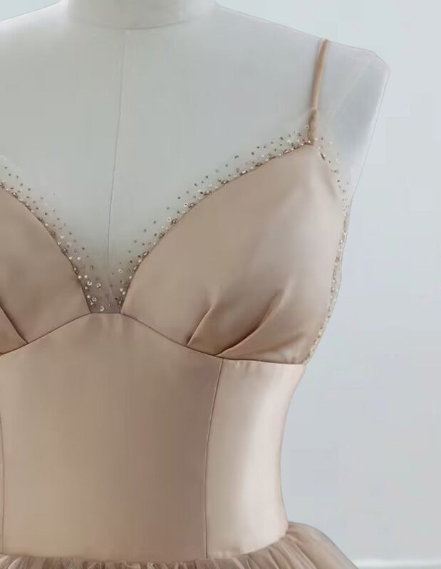 Champagne spaghetti strap beading long tulle prom dress