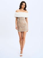 Averie White Fur Off-Shoulder Beige Sequin Mini Dress Miss Circle