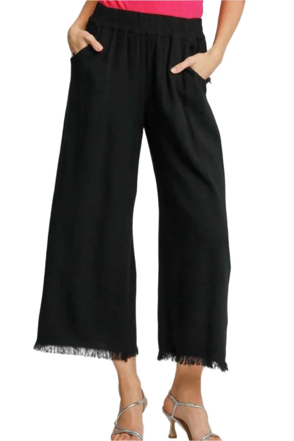 Black Linen Blend Elastic Waistband Wide Leg Pants