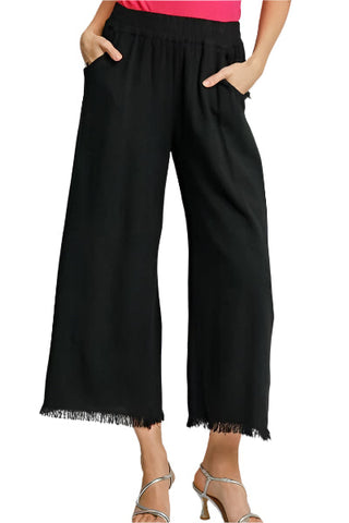 XL Black Linen Blend Elastic Waistband Wide Leg Pants