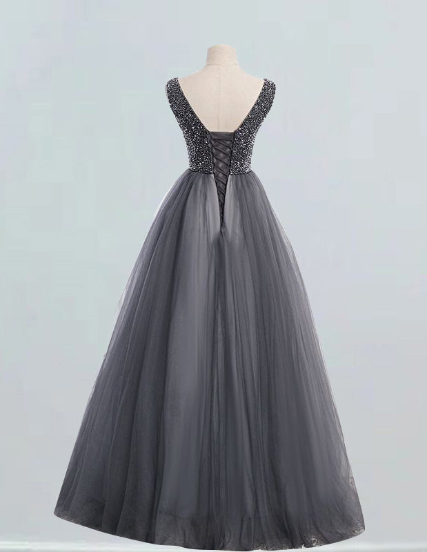 Women's Elegant V-Neck Tulle Prom Dress | Rhinestone Beaded Ball Gown