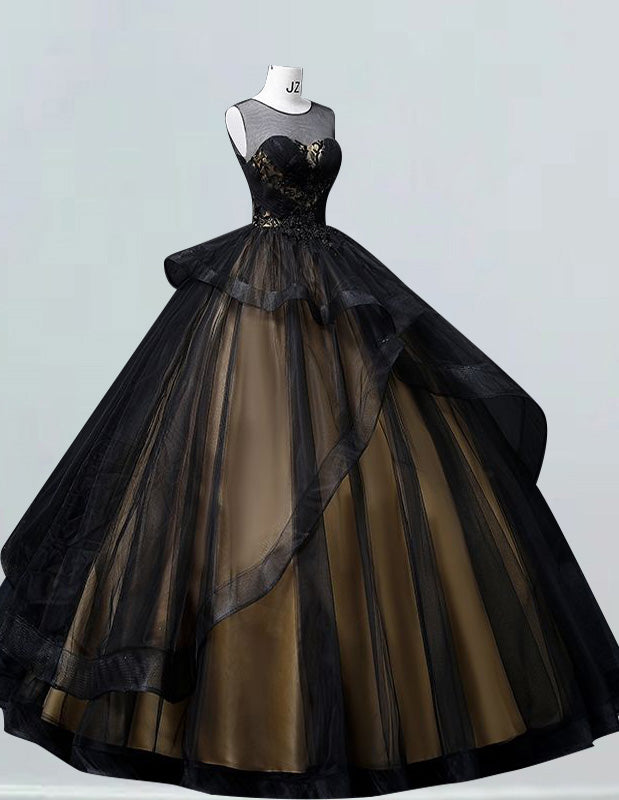 Black scoop lace applique tulle ball gown princess evening gown prom dress gold satin bridal party dress