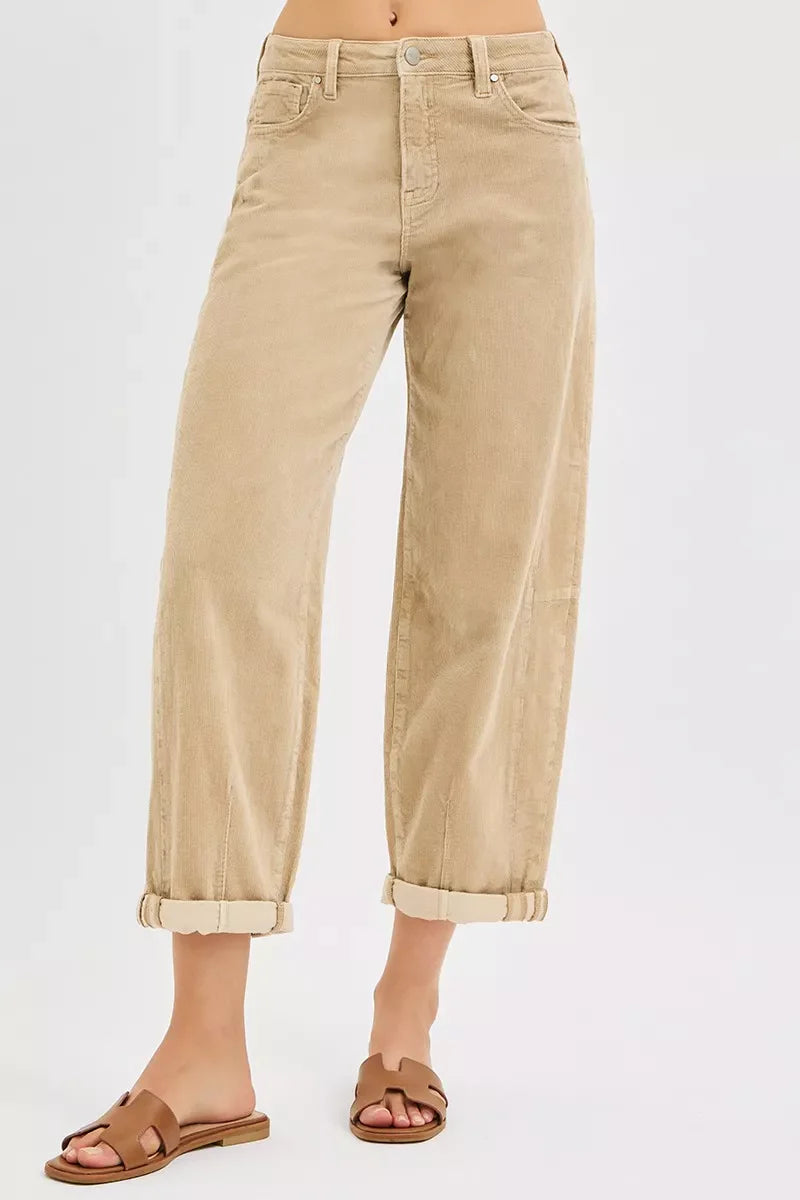 Risen High Rise Crop Barrel Corduroy Pants For Women