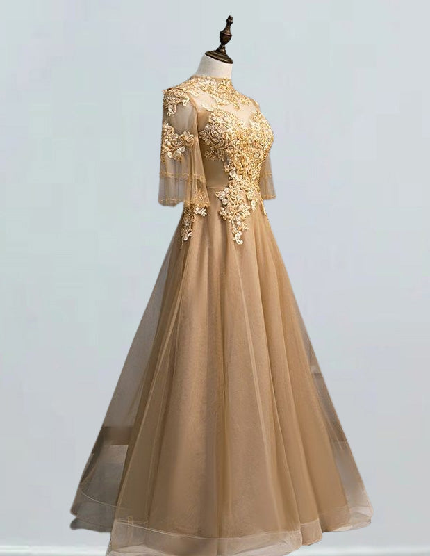 Elegant Gold Tulle Beaded Prom Dress | Square Collar Evening Gown