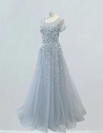 Silver Grey Tulle Prom Dress with Rhinestone Sleeves - Girls' Elegant Evening Gown