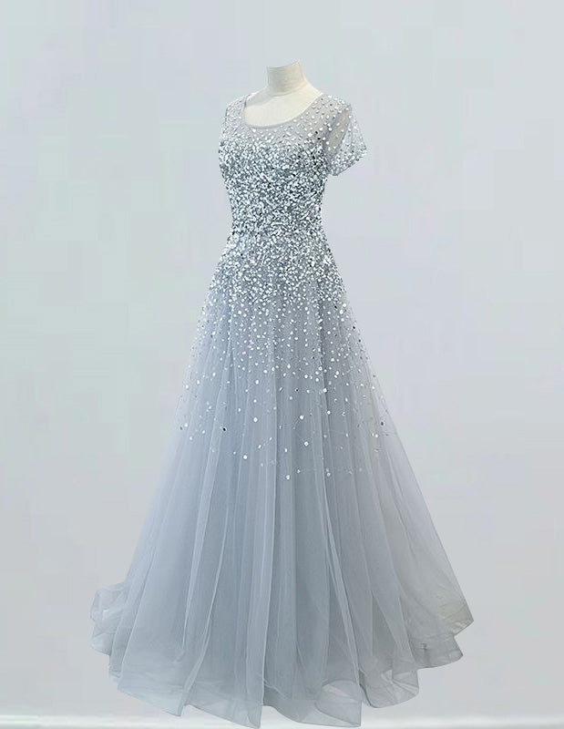 Silver Grey Tulle Prom Dress with Rhinestone Sleeves - Girls' Elegant Evening Gown