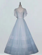 Women's Silver Sequin Tulle V-Neck Prom Gown with Sleeves | Elegant Evening Dress