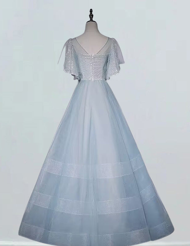 Women's Silver Sequin Tulle V-Neck Prom Gown with Sleeves | Elegant Evening Dress