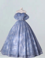 Blue sweetheart beaded lace ball gown ruffle sleeveless bridal prom dress evening party gown